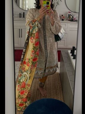 Long Sleeve Beige pants, Shirt and Scarf
